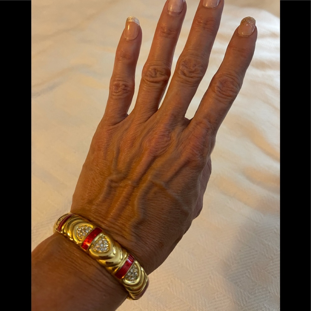 Vintage Gold and Red Enamel Hinged Bangle Bracelet